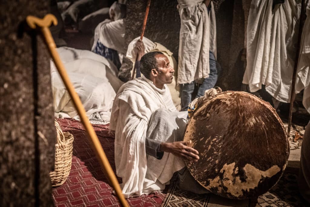 Pilgrim in Lalibela with drum